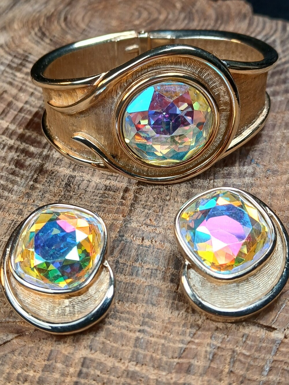 Vintage Berger Gold Tone Aurora Rhinestone Bracelet and Earring Set